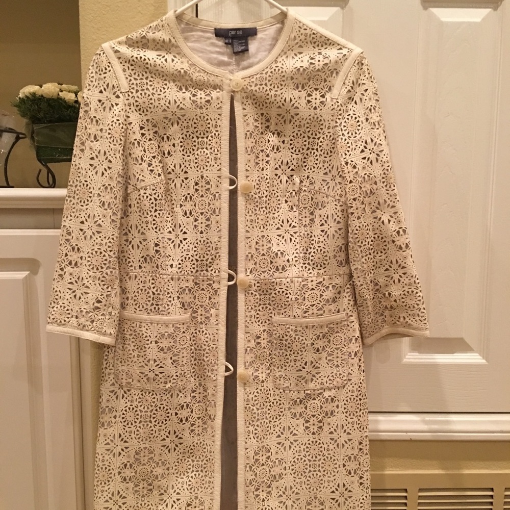 Luxurious opulent cream Leather laser cut long slim jacket 🧥leather lace